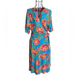 Lily Pultizer Vibrant Teal with Orange and Pink FloralPrint Wrap Dress